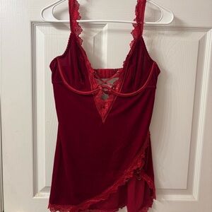 Fashion Nova Deep Red Lace-Trim Chemise with Crisscross Front